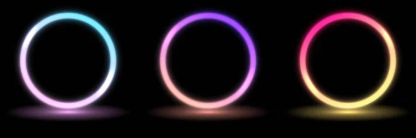 Render Blauer Neon Rundrahmen Kreis Ringform Leerraum Licht 80Er Jahre — Stockvektor