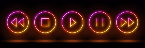 Render Blå Neon Musikspelare Ikoner Set Tomt Utrymme Ultraviolett Ljus — Stock vektor