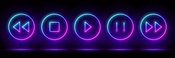 Render Blauwe Neon Muziekspeler Pictogrammen Set Lege Ruimte Ultraviolet Licht — Stockvector