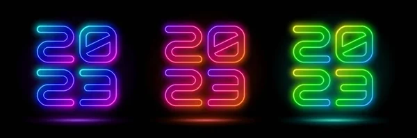 Renderização Neon Azul 2023 Dígitos Conjunto Espaço Vazio Luz Ultravioleta — Vetor de Stock