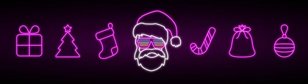 Set Neon Cristmas Icons Isolated Dark Background Gift Box Christmas — Stock Vector