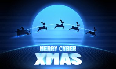 Mutlu Siber Xmas 'lar. Ren geyiğiyle Kuzey Kutbu 'nda uçan Noel Baba. Dijital gezegen, uzay ve ay. Retrowave Style 'da Noel Arkaplanı. Noel Baba Noel 'e uçar.