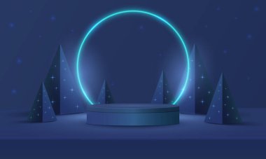 Soyut gerçekçi 3D silindir kaide podyumu, daire şeklinde neon ışıklandırma arka planı. Kırmızı, yeşil piramit Noel ağacı. Asgari duvar sahnesi ürün görüntüsü. Mutlu Noeller ve mutlu yıllar..