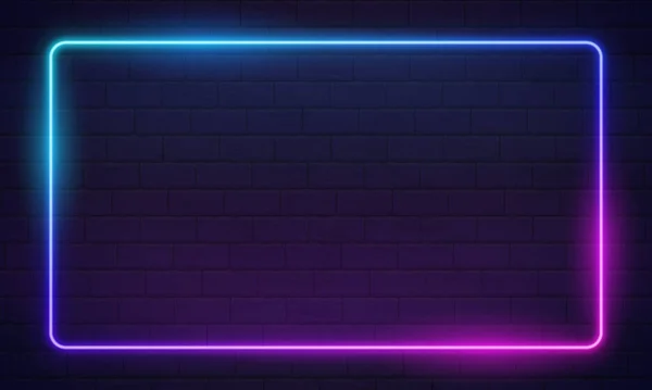 stock vector Futuristic Sci Fi Modern Neon Gradient Glowing Rectangle Frame for Banner on Dark Empty Grunge Concrete Brick Background. Vector Vintage Purple Pink Blue Violet Colored Lights. Retro Neon Sign