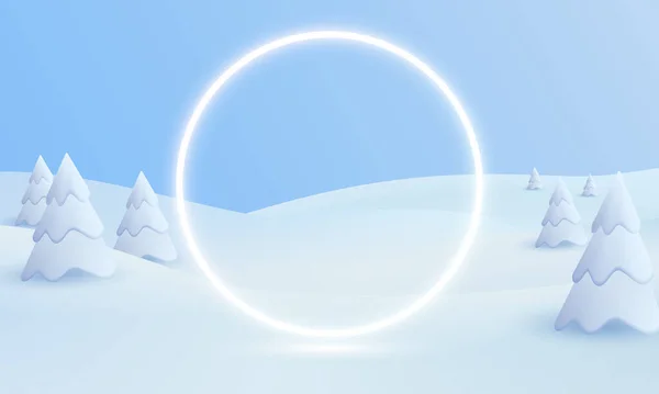 冬季景观与白色发光的霓虹灯框架和雪地杉树 矢量3D图解 季节性的自然背景 冰封的雪山游戏艺术的概念 病媒图解 冬季雪山土地 — 图库矢量图片