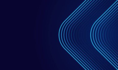 Dijital geometrik elementler soyut vektör arkaplanı. Koyu mavi arka plan. Modern çizgi çizgileri eğrisi soyut lüks sunum arkaplanı. Parlayan neon ışıkları kozmik parlak mavi renk tüneli