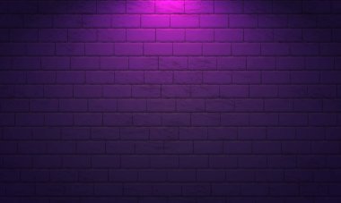 Gece tuğlası duvar. Neon ışıkları için mor arka plan. Vektör çizimi. Tuğla duvar arka planı. Duvar kağıdı kenarlarında gölgeler olan koyu mordur. Neon çizimler ve diğer tasarım çalışmaları için arkaplan.