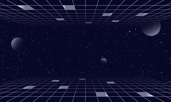Synthwaveワイヤーフレームネットイラスト 要約デジタル背景 80年代90年代レトロな未来 レトロな波のサイバーグリッド 上面と下面 ネオンが輝く 星空の背景 3Dレンダリング — ストックベクタ