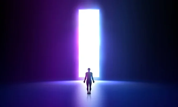 尼昂背景迪斯科的概念 一个男人站在门口前 一个巨大的白色空间在一个人的轮廓前面 反转波 合成波 蒸汽波通过明亮发光的粉色门和一个男人来说明光 — 图库矢量图片