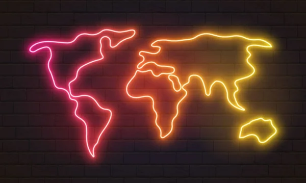 Glödande Neon Blå Världskarta Tegel Vägg Bakgrund Nattlig Tegelvägg Lila — Stock vektor