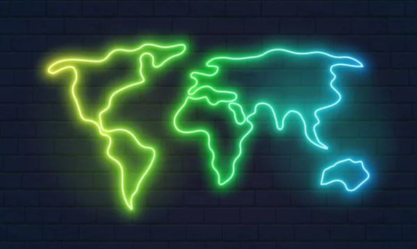 Leuchtende Neonblaue Weltkarte Auf Ziegelwand Hintergrund Nächtliche Ziegelmauer Lila Hintergrund — Stockvektor