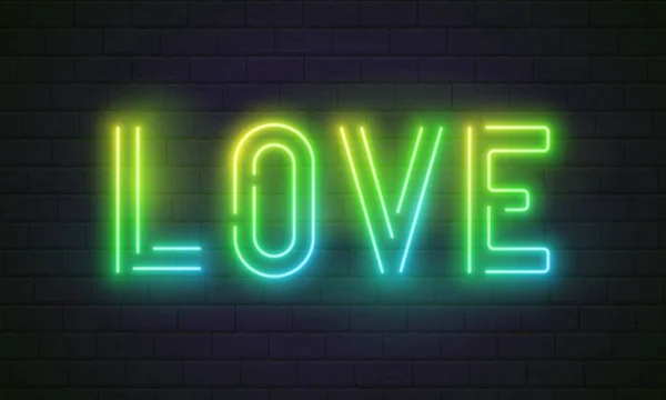 stock vector Neon love. Bright night neon signboard on brick wall background with backlight. Retro glow neon love word. Romantic design for Happy Valentines Day. Night light advertising.Concept:valentine's day, anniversary, mother's day, marriage,invitation e-car