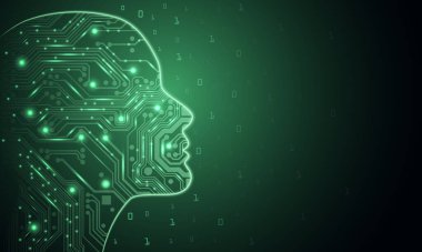 Büyük veriler ve yapay zeka kavramı. Makine öğrenimi ve kadın ya da erkek formunda siber zihin egemenliği kavramı, canlı arkaplan üzerinde devre kartı ve ikili veri akışı ile ana hatlarla yüzleşir.