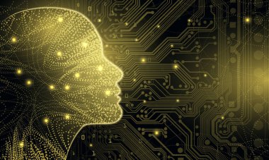 Büyük veriler ve yapay zeka kavramı. Makine öğrenimi ve kadın ya da erkek formunda siber zihin egemenliği kavramı, canlı arkaplan üzerinde devre kartı ve ikili veri akışı ile ana hatlarla yüzleşir.