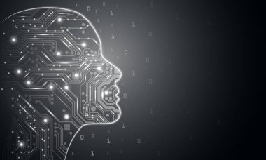 Büyük veriler ve yapay zeka kavramı. Makine öğrenimi ve kadın ya da erkek formunda siber zihin egemenliği kavramı, canlı arkaplan üzerinde devre kartı ve ikili veri akışı ile ana hatlarla yüzleşir.