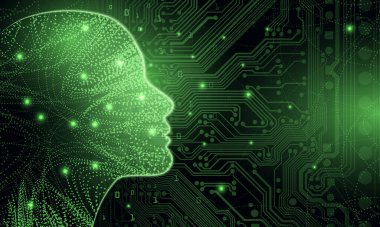 Büyük veriler ve yapay zeka kavramı. Makine öğrenimi ve kadın ya da erkek formunda siber zihin egemenliği kavramı, canlı arkaplan üzerinde devre kartı ve ikili veri akışı ile ana hatlarla yüzleşir.