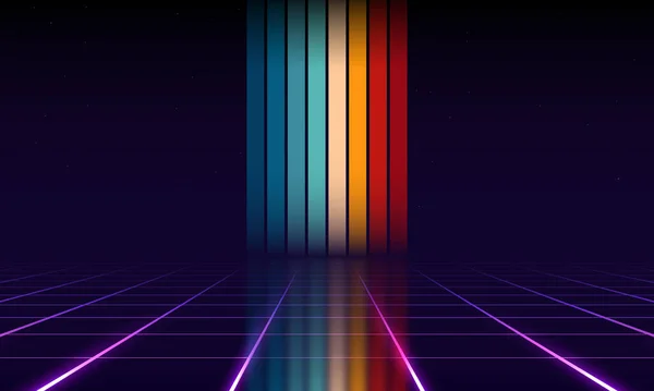Retrowave Synthwave Vaporwave Illustratie Met Laserrasterlandschap Sterrenruimte Vintage Striped Achtergronden — Stockvector