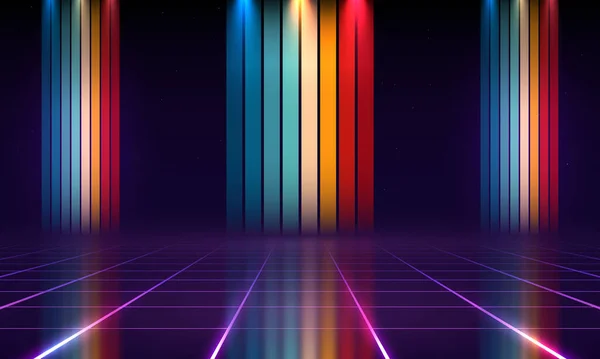 Retrowave Synthwave Illustration Onde Vapeur Avec Paysage Grille Laser Dans — Image vectorielle