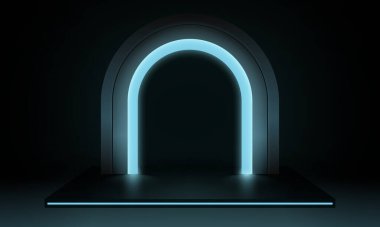 3D görüntüleme, soyut modern parlak neon arka plan. Kopya alanı olan parlak bir çerçeve. Kare podyumun üzerinde parlayan yuvarlak kemer, boş performans sahnesi, ürün gösterimi için boş platform