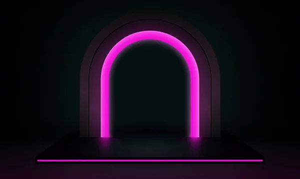 三维渲染 抽象的现代引导发光霓虹灯背景 具有复制空间的Shiny框架 圆形拱门在正方形讲台上闪烁着光芒 空旷的表演舞台 空白的产品展示平台 — 图库矢量图片