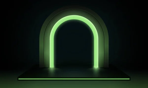 三维渲染 抽象的现代引导发光霓虹灯背景 具有复制空间的Shiny框架 圆形拱门在正方形讲台上闪烁着光芒 空旷的表演舞台 空白的产品展示平台 — 图库矢量图片