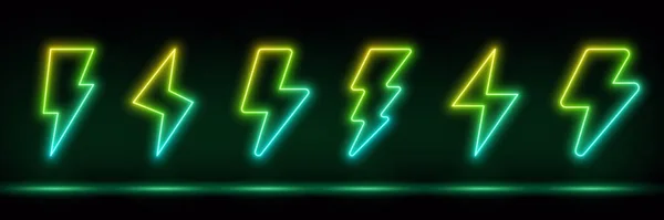 霓虹灯闪电图标 发光的霓虹灯闪电标志 放电的色彩鲜明 明亮的雷电 电风暴 图标设置 Ui的符号 矢量说明 — 图库矢量图片