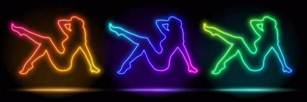 ベクトルネオンの女の子のダンスフレーム 女性の形 空のスペース 紫外線光 80年代のレトロなスタイル ファッションショーのステージ 抽象的な背景 照明フレームのデザイン 抽象的な宇宙活気に満ちた女性のシルエットのアイコン — ストックベクタ