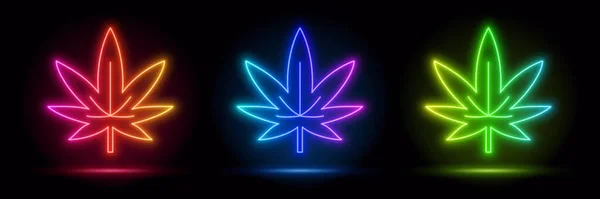 Cannabis Eller Marijuana Glödande Neon Sign Style Leaves Set Med — Stock vektor