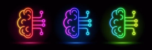 ニューラルネットワークネオンアイコンをラインスタイルで表示します 機械学習 コンピュータシステムのデジタル研究プロセス 人工知能 ベクトルイラスト ネオンの脳フレーム 紫外線 80年代のレトロなスタイル 概要宇宙活力のある脳アイコン — ストックベクタ