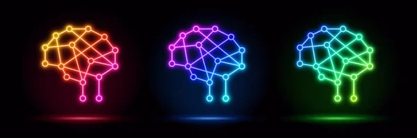 神经网络图标的线条风格 机器学习 数字学习过程的计算机系统 人工智能 矢量图解 神经元脑框架紫外线80年代的复古风格宇宙中充满活力的大脑图标 — 图库矢量图片