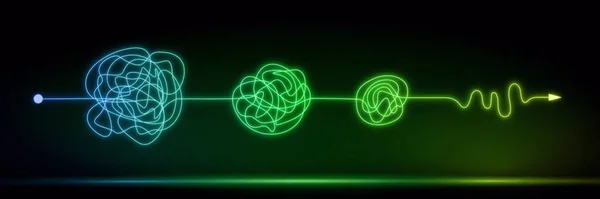 Komplex Bis Einfach Chaotisch Clew Verbundenen Neon Linien Gehirn Phantasie — Stockvektor