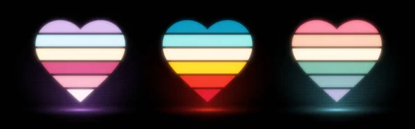 Neon Işıklı Vintage Çizgili Kalpler Posterler Banner Numuneleri Retro Renkler — Stok Vektör
