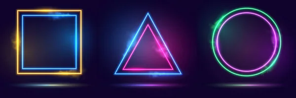 Neon Square Triangle Circle Set Blue Red Purple Green Illuminate — Stock Vector
