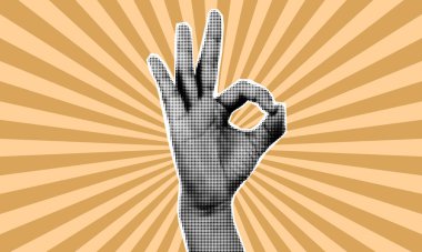 Kolaj elleri ve grunge elementleri. Pankart, grafik, poster, illüstrasyon için yarım tonluk misafir. Vector set of ok, stop avuç içi, başparmak yukarı, yumruk, çapraz parmak, işaret parmağı. Şeffaf arkaplanda doku ögeleri.