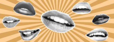 Serseri y2k kolaj elementleri. Yarım tonlu tedavide gözler ve dudaklar. Retro dergi kupürleri. Ağız sarı arka planda. Kolaj ağzı ve grunge elementleri. Pankart, grafik ve poster için yarım ton dudaklar