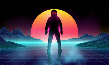 Neon glowing retro Astronaut Spaceman Background Design. Synthwave wireframe net illustration. Abstract digital background. 80s, 90s Retro futurism, Retro wave cyber grid. Deep space surfaces. Neon lights glowing starry background. Vector rendering clipart