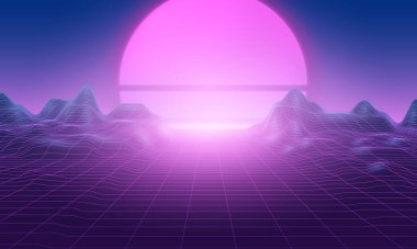 Sentetik dalga teli net gün batımı illüstrasyonu. Soyut dijital arkaplan. 80 'ler, 90' lar Retro dalga siber şebekesi. Derin uzay yüzeyleri. Neon ışıkları parlıyor. Yıldızlı arka plan. Vektör 3B Hazırlama
