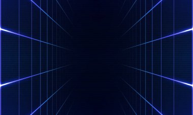 Sentetik dalga teli net çizimi. Soyut dijital arkaplan. 80 'ler, 90' lar Retro dalga siber şebekesi. Üst ve alt yüzeyler. Neon ışıkları parlıyor. Yıldızlı arka plan. Vektör 3B Hazırlama