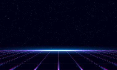 Kopya uzayı, lazer ızgarası, yıldızlı gökyüzü, mavi ve mor renkli duman ve parçacıklarla sentetik dalga retrodalga siber arka planı. Poster, kapak, duvar kağıdı, ağ, afiş vesaire için tasarım. 80 'ler, 90' lar Retro dalga siber şebekesi.