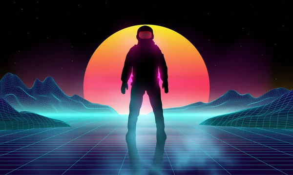 Neon Gloeiende Retro Astronaut Spaceman Achtergrond Ontwerp Synthwave Draad Frame — Stockvector