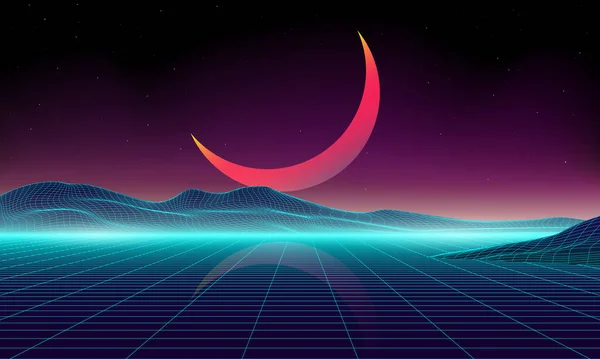 Synthwaveワイヤーフレームネットムーンイラスト 要約デジタル背景 80年代90年代レトロな未来 レトロな波のサイバーグリッド 深宇宙の表面 ネオンが輝く 星空の背景 ベクトル3Dレンダリング 月の光空 — ストックベクタ