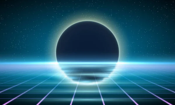 サンセット シンサウェーブのワイヤーフレーム ネット イラスト 要約デジタル背景 80年代90年代レトロな未来 レトロな波のサイバーグリッド 深宇宙の表面 ネオンが輝く 星空の背景 — ストックベクタ