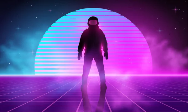 Neon Leuchtende Retro Astronauten Raumfahrer Hintergrunddesign Illustration Von Synthwave Drahtnetzen — Stockvektor
