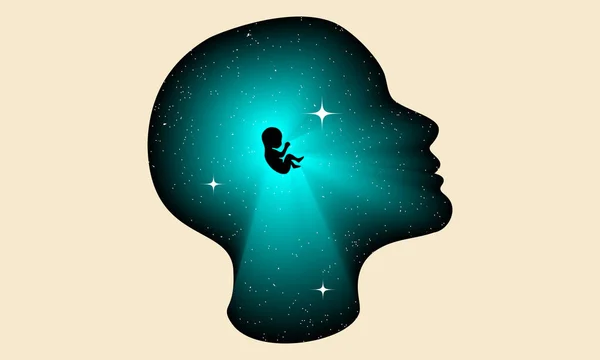内部に子供のシルエットを持つ人間の頭のシルエットとインナー子心理的な概念図 ベクトルイラスト 子供の胚と人間の頭の中の星空 — ストックベクタ