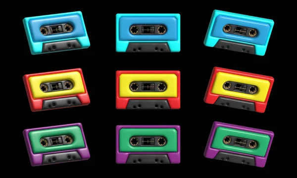 复古音乐盒带矢量3D渲染 复古Dj录音磁带 20世纪80年代狂欢派对立体声混合 古老的学校记录技术 90年代老式彩色塑料盒式磁带 复古风格 复古色彩80年代风格 盒式磁带 矢量艺术 — 图库矢量图片