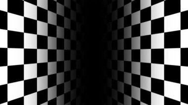 Damalı yüzeyleri kusursuz döngü içinde hareket eden soyut CGI hareket arkaplanı. Siyah beyaz kareli zemin animasyonundan geçiyor. Klasik satranç tahtasında ilerlemek
