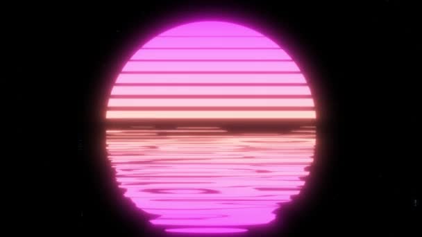 Retro Sonnenuntergang Sternenhimmel Und Wasserwellen Helle Neonstrahlen Pulsierender Glanz Mit — Stockvideo