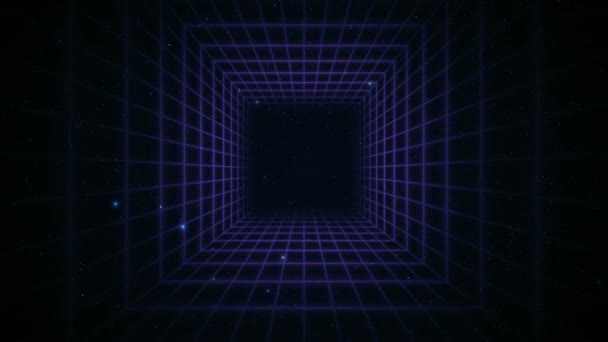 宇宙レトロ未来派80年代の背景 Synthwaveワイヤーフレームネットイラスト 概要デジタルトンネル 80年代90年代レトロな未来 レトロな波のサイバーグリッド 深宇宙面 ネオンが輝く — ストック動画
