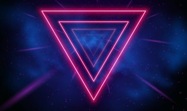 Soyut teknoloji fütüristik neon üçgen parlak mavi ve pembe ışık çizgileri koyu mavi arkaplan üzerinde hızlı hareket bulanıklığı etkisi. Vektör illüstrasyonu