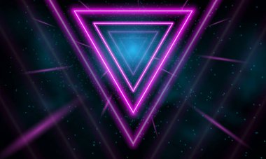 Soyut teknoloji fütüristik neon üçgen parlak mavi ve pembe ışık çizgileri koyu mavi arkaplan üzerinde hızlı hareket bulanıklığı etkisi. Vektör illüstrasyonu